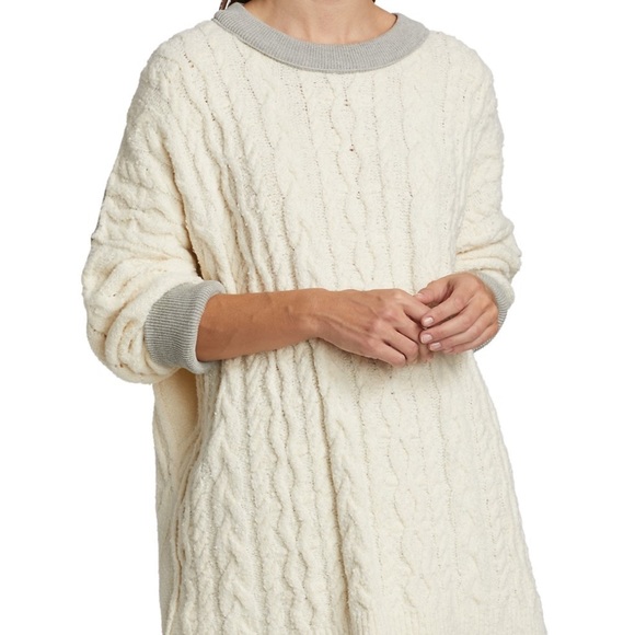 NWT Free People Olympia Cable-Knit Oversized Colorblock Sweater Tunic Ivory Grey - Picture 3 of 8